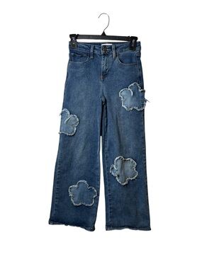 Kids Dark Blue Wide-Leg Jeans with Flower Patch Detail